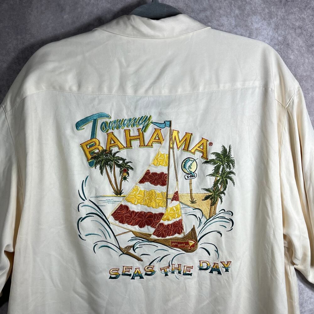 Tommy Bahama‎ Camp Shirt Mens Size XL Cream Silk Hawaiian Seas The Day Beach